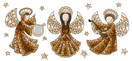 A set of stained glass angels and stars, coloured figures on a white background, tone brown