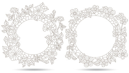 Set contour illustrations of stained glass with floral framework,dark outlines on white background