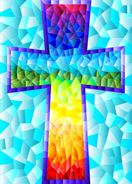 The illustration in stained glass style painting on religious themes, stained glass window in the shape of a rainbow Christian cross , on a blue background