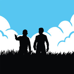 Two adult business architect man vector silhouette person isolated on blue sky and grass background. Simple flat art styled illustration on square template.