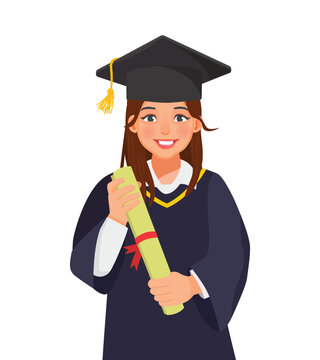 Happy young graduate woman in graduation gown and hat holding diploma and certificate