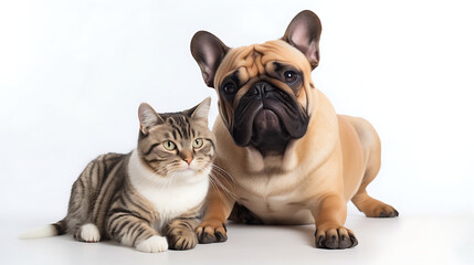 Cat and Dog Together As Best Friends, White Background 05. AI generative.