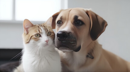 Cat and Dog Together As Best Friends, White Background 07. AI generative.