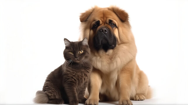 Cat and Dog Together As Best Friends, White Background 04. AI generative.
