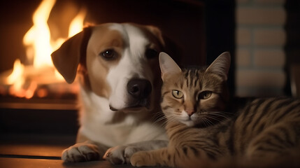 Cat and Dog Together As Best Friends, Dark Background 09. AI generative.