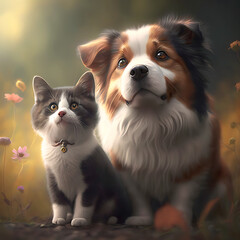 Fototapeta na wymiar Cat and Dog Together As Best Friends, Dark Background 010. AI generative.