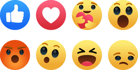 vector round yellow cartoon bubble emoticons for social media chat comment reactions, icon template face tear, smile sad, hug, love, like, Lol, laughter emoji character message