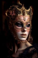 Young girl in a carnival golden mask, close-up, in medieval castle. AI generated.