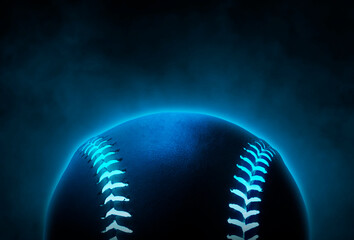Single black baseball ball with bright blue glowing neon lines on smoke background - obrazy, fototapety, plakaty