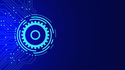 Digital technology and engineering concept with gears and electronic circuit board on dark blue background.