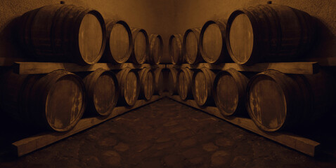 Wine or cognac barrels in the cellar of the winery, Wooden wine barrels in perspective. wine vaults. vintage oak barrels of craft beer or brandy