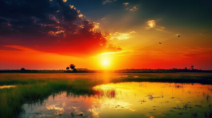 Fototapeta na wymiar sunset over the river. Generative Ai