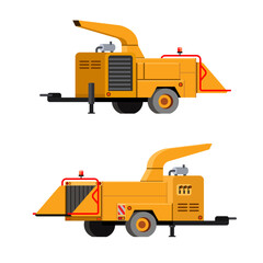 Mounted on the wheels tree chipper. Trailer mount wood chipper with drawbar. Yellow wood chipper for chipping felled trees and brunches after tree trimming. Front and back side view. Vector clip art o