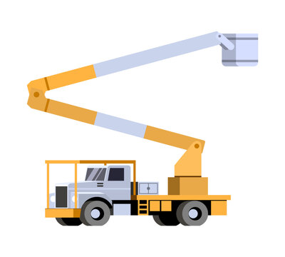 Cherry Picker Truck Minimalistic Icon On White Background. Bucket Truck Uses In Municipal Service For Tree Surgeon, Arborist, Lineman Electician For Lifting Up Worker In Basket. Vector Clip Art