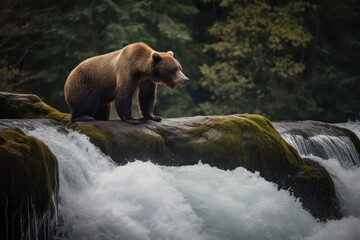 a bear sitting on a rock of a waterfall to catch trout fish jumping out of the river, generative AI