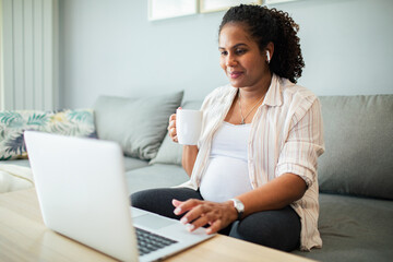 Young pregnant woman using a laptop at home on the couch