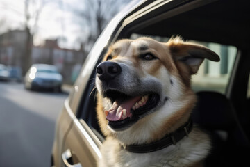 happy dog with head out of the car window having fun, sunset, generative AI