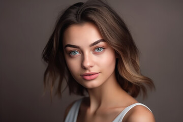 Fototapeta premium Gorgeous natural beauty. Young woman posing in the studio. Generative AI