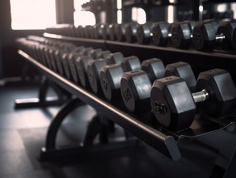 Rows of dumbbells in the gym sports and healthcare concept. Bodybuilding and fitness. Concept fitness. 3D realistic illustration. Generative AI