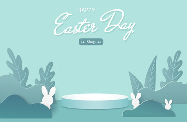 template of happy easter day concept with stage in green natural and rabbit on background. art work in paper cut style. Vector illustration.