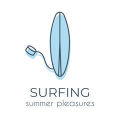 Simple minimalist blue surfboard icon on a white background. Suitable for applications, web sites, online shops