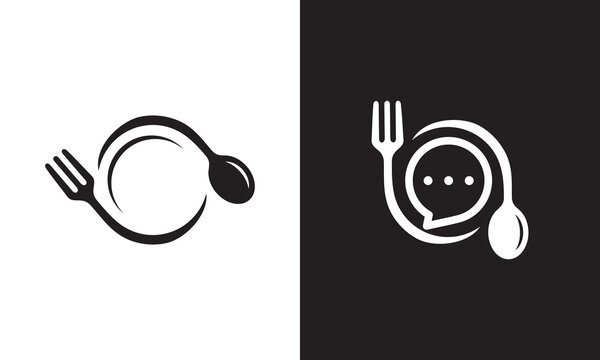 online food logo. chat with fork spoon and plate combination symbol vector illustration