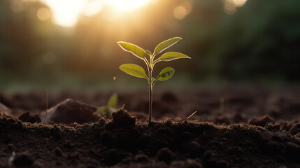 One young sprout in dew drops outdoors. Concept and business planting. A picture of a plant with the sun shining through the leaves. 3D realistic illustration. Generative AI