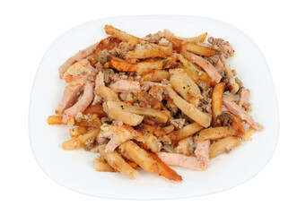 Stewed potatoes with minced cheese and ham isolated