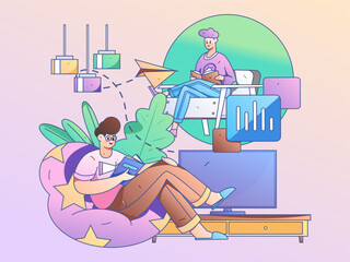 Home interior character scene flat vector concept operation hand drawn illustration
