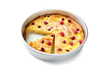 Fresh baked sweet Filo Pastry pie with raspberry and powdered sugar. isolated on white background