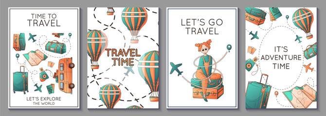 Vector set of travel posters. Illustration of baggage, map, hot air balloon, plane. Travel, road, adventure, journey concept. Template perfect for banner, poster, advertising.