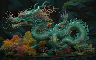 Fototapeta na wymiar Green Chinese Dragon with flower statue -Generative AI