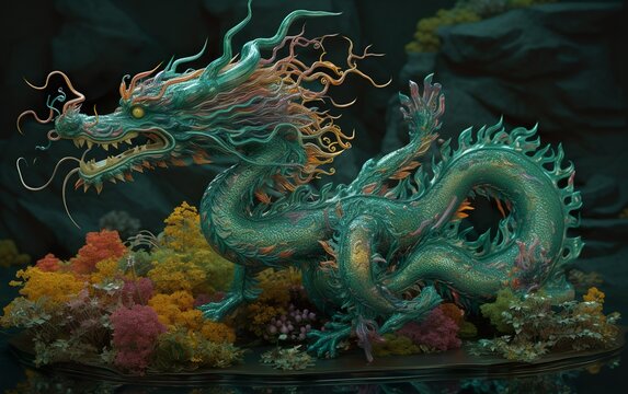 Green Chinese Dragon with flower statue -Generative AI