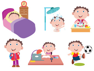 Child activities vector concept. Little boy daily activities, isolated on white background