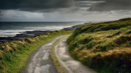 Fototapeta premium Road along the scenic coast of western Ireland. Generative AI