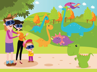 Obraz na płótnie Canvas Family with VR glasses watching virtual reality of dinosaur
