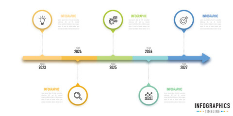 Timeline infographic template or element with 5 step, process, option, colorful 3D pin, circle, arrow, year 2023, 2024, 2025, 2026, 2027, paper origami, bar for sale slide, planner flowchart workflow