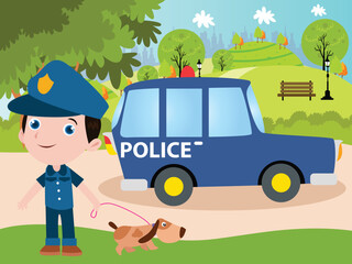 child with a dog wearing a police uniform near police car