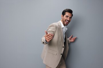 man beige businessman job happy business suit handsome portrait smiling copyspace