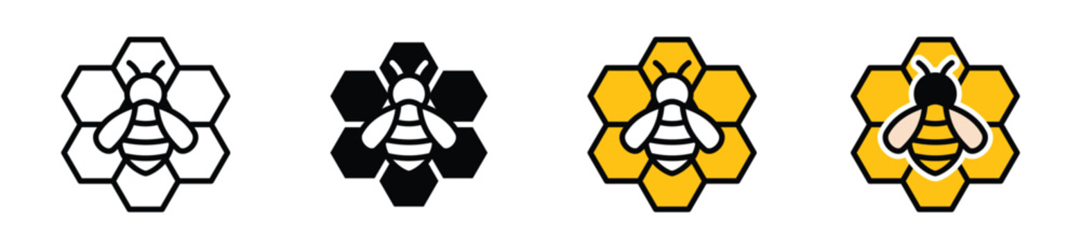 Bee and honeycomb icons vector set. Symbol of honey bee, beehive, bee, honey, hive, beekeeping icons collection in line, flat, and color style. Vector illustration