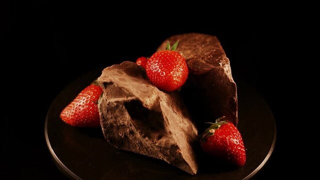 Red straberry with a dark chocolate on a black background 4k