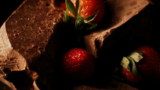 Red straberry with a dark chocolate on a black background 4k