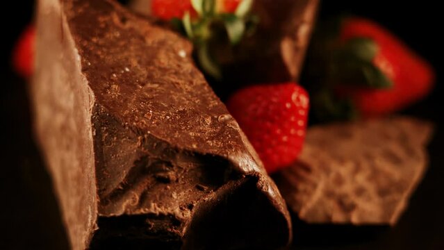 Red straberry with a dark chocolate on a black background 4k