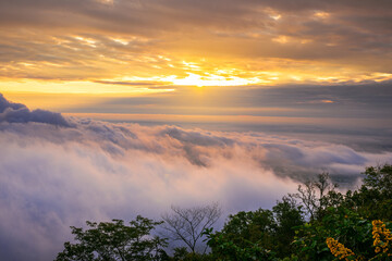 aerial view landscape sea of mist and clouds over Chiang mai city on  Doi Suthep mountain in sunrise sky, Chiangmai, Thailand