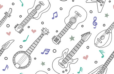 Acoustic guitar and music notes vector seamless pattern background. 