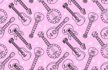 Acoustic guitar and banjo music notes vector seamless pattern background.  - obrazy, fototapety, plakaty