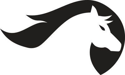 The black and white horse head logo design with a black flame shape 