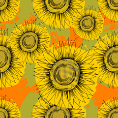 Seamless pattern with yellow flowers. Sunflower line arts luxury wallpaper design for fabric, prints and background texture, Vector illustration.