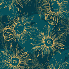 Seamless pattern with yellow flowers. Sunflower line arts luxury wallpaper design for fabric, prints and background texture, Vector illustration.
