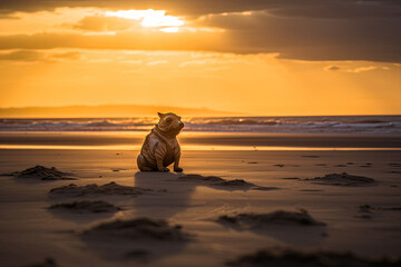Obraz na płótnie Canvas Weird fantasy animal on the beach at sunset